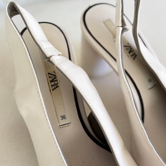 Zara Slingback Pumps 6 36 White Leather Point Toe Heels Academia Prep Wedding - Picture 6 of 6